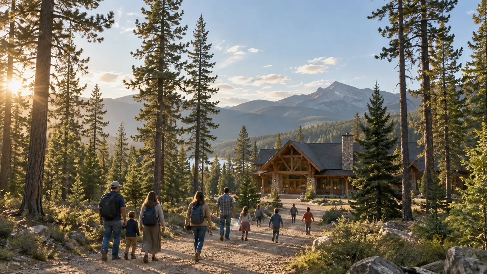 Families walk on a path through tall pines to a wooden lodge.