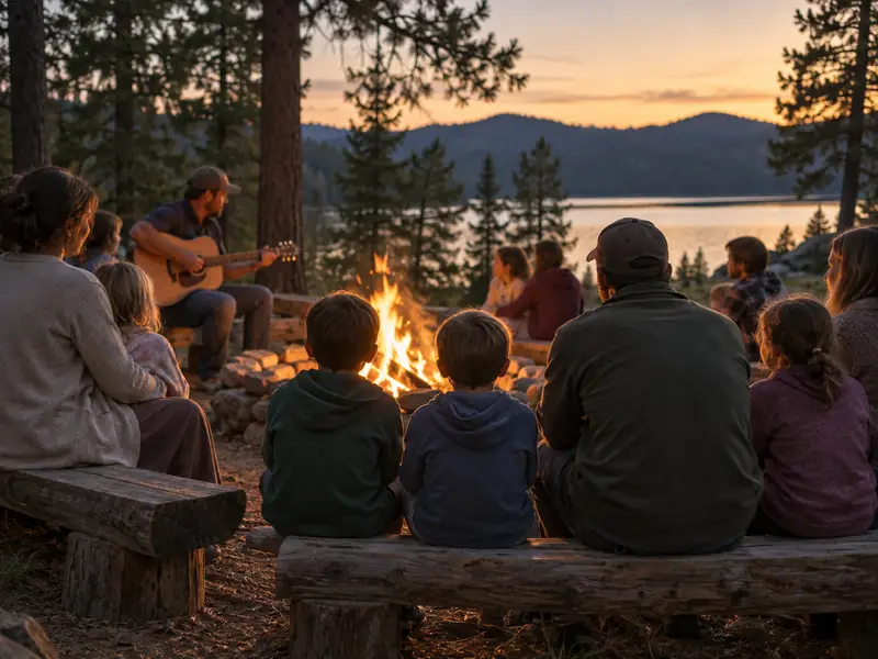 Families sit around a campfire while a man plays a guitar.