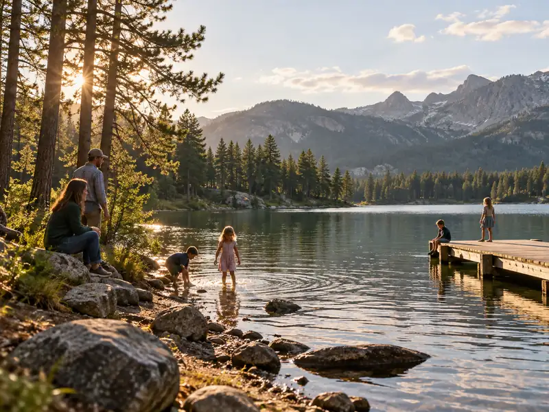 Children play at the edge of a lake near a wooden dock.