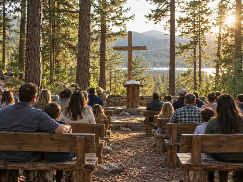 Families sit on benches at an outdoor chapel under the pines.